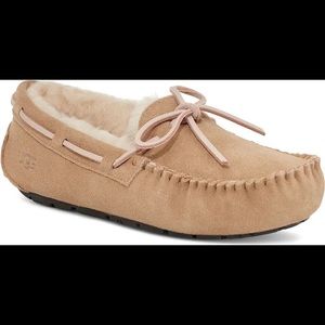 UGG Dakota Tobacco Suede Tan Moccasin Slippers with Pink Laces